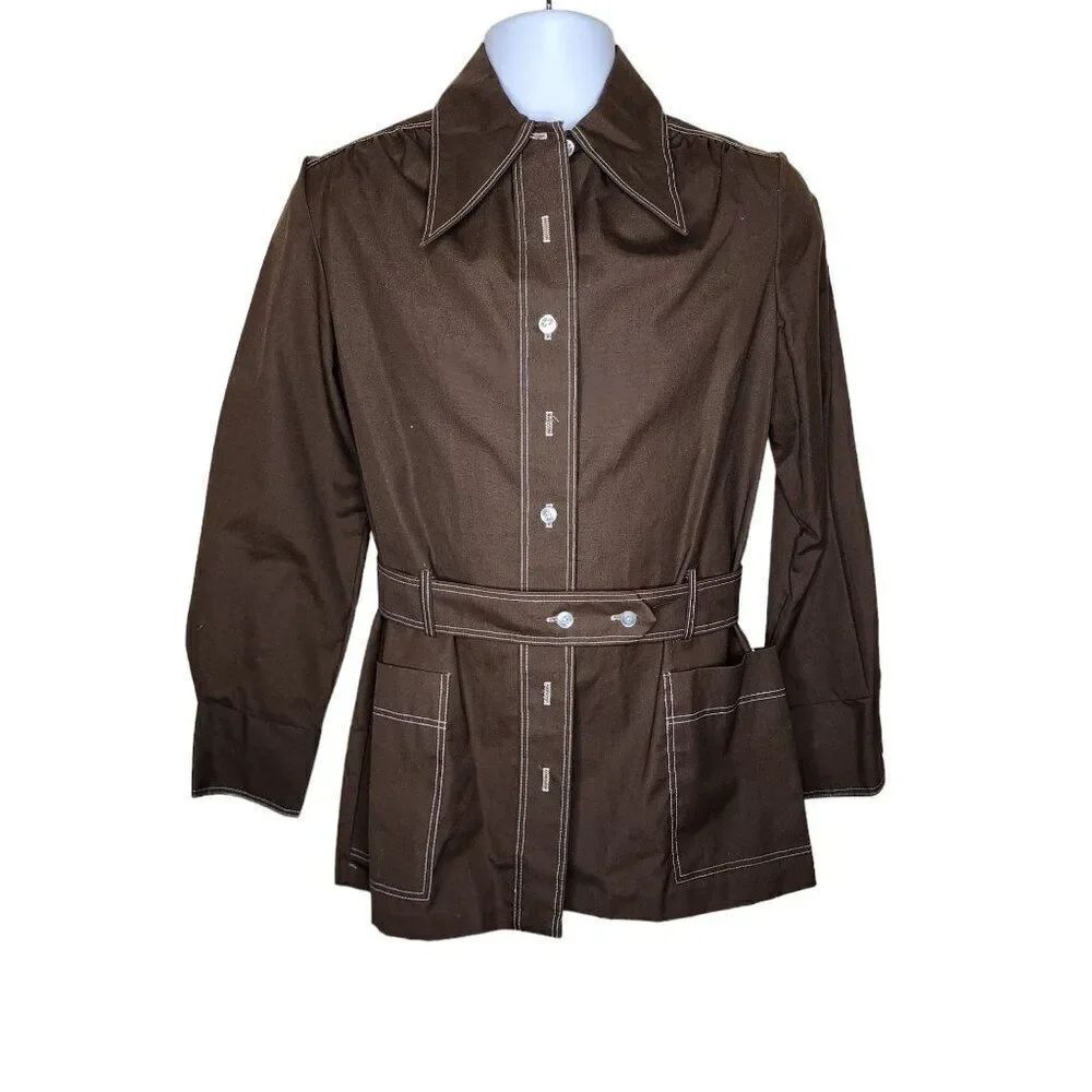 Vintage 70s Perm Press Belted Shirt Top Womens Size M Brown Dagger Collar